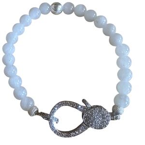 NEW White Moonstone 6mm Beaded Bracelet Silver Pave Clasp Stardust Spacers